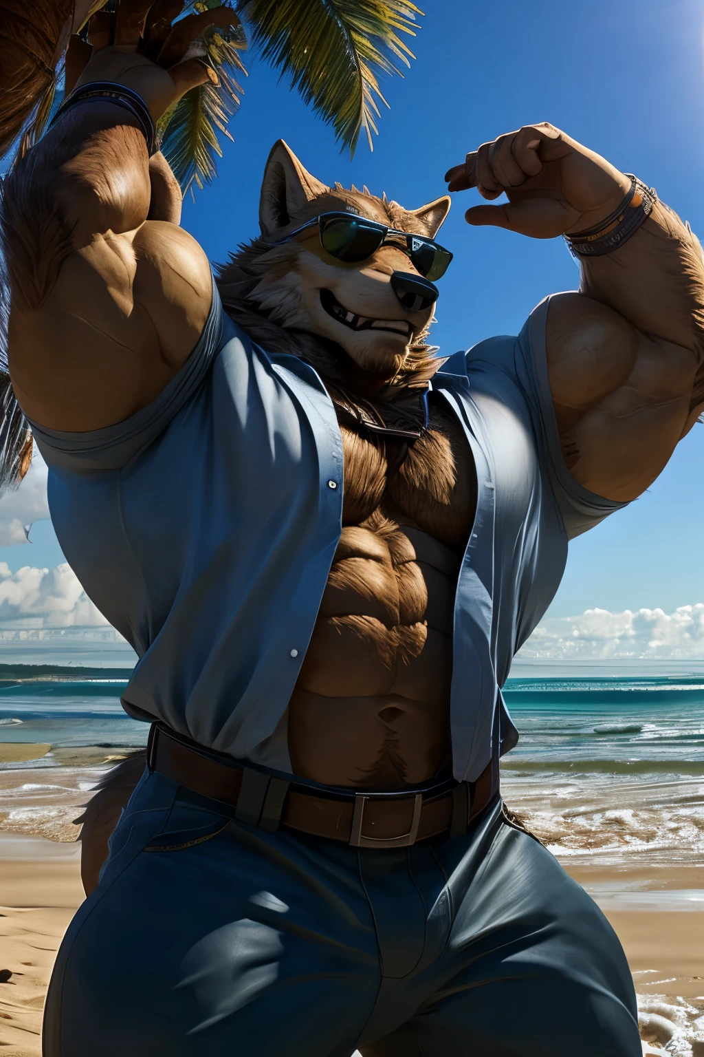 Extremely large bulging crotch underwear、Male genitalia outline、Fluffy Yellow Weasel、Jumping pose、Very huge muscles、Itachi looking to the side、Full body weasel fur、Lots of pubic hair、Very long armpit hair、Thick chest hair、Composition looking up from diagonally below、Barking Weasel、Concrete Background、Pose with both hands raised up、Long body、very short legs、Sharp claws on the toes、Hairless head、Full body weasel fur皮、Howling pose、Upward facing face、Very long and profuse armpit hair、Weasel&#39;s Tail