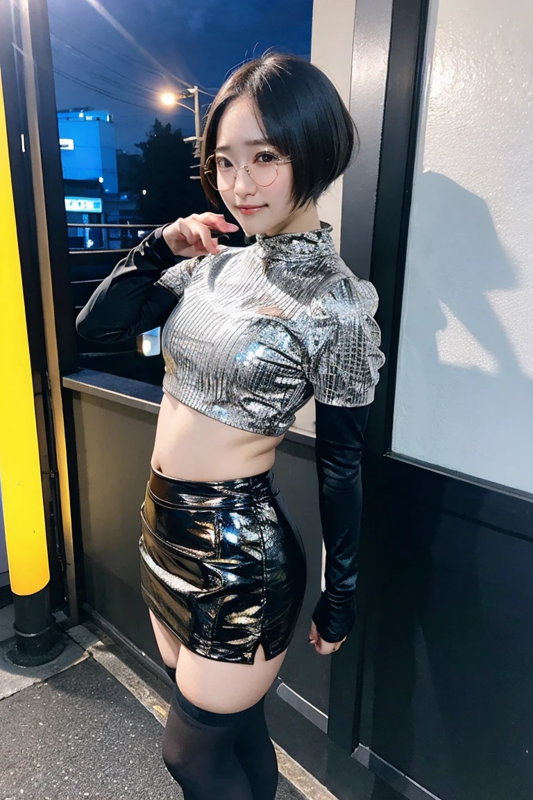(beautiful micro girl:1.3),(future morning:1.4),( big sharp boobs:1.4) ,,(messy short glossy platinum blond hair:1.3),(bangs:1.2)
(smile :1.2),(beautiful body:1.5),(silver mini skirt  :1.4),(black  big T-shirt:1.4),(big hip:1.3)