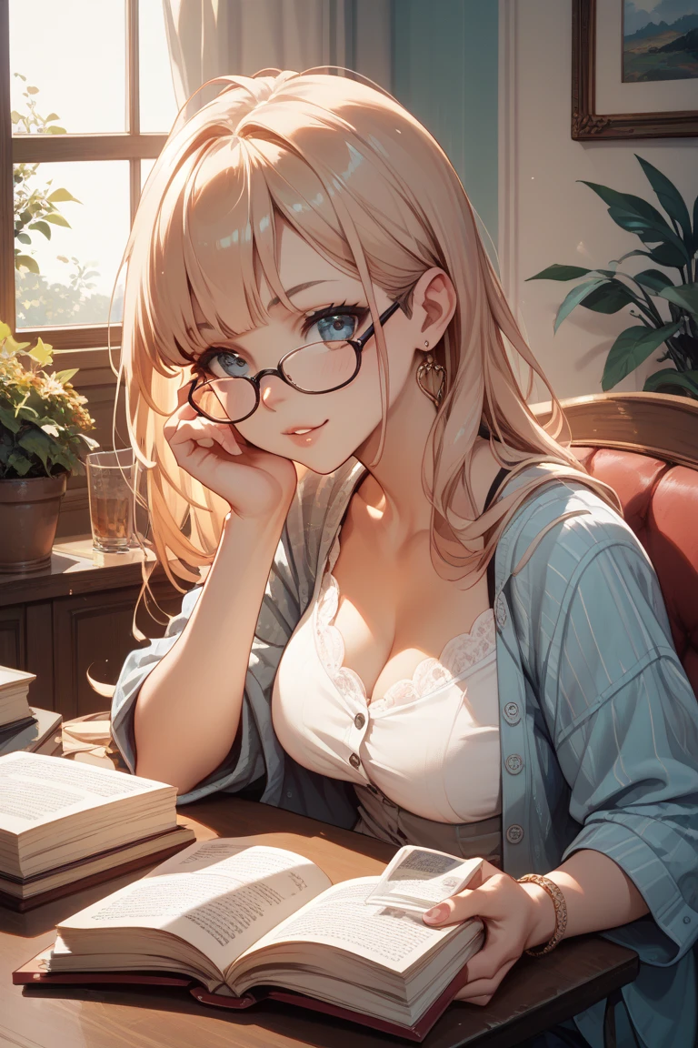 Dynamic posing, dynamic angle, Arrange pose,Top quality work，Show Legs，((short wavy Creamy Golden Blonde hair)),(Creamy Blonde hair),(short hair),(wavy hair),(golden eyes), ( 16 years old), lovely red lips, Rose cheeks, Pretty Face, A perfectly proportioned face white stockings, full-body view， amazing, Large round chest、Beautiful eye details、Beautiful eyelashes、beautiful double eyelid,  with blush cheeks, Thin frame glasses、Thinking Face、(Open button shirt、Wearing medium breasts with cleavage)、sitting down、study、rest、Lying on the table、Holding a pencil、Open Books、book、Table lamps、break、the in living room、Wall decoration、 Mini Library、Glass window、Wall clock、Movie Light、photo-realistic、maximum quality、 Complex CG、High-definition face、High Precision Eyes、Ultra-fine face、Ultra Fine Lips、Ultra-fine eyes、Double eyelidd、super-detail
