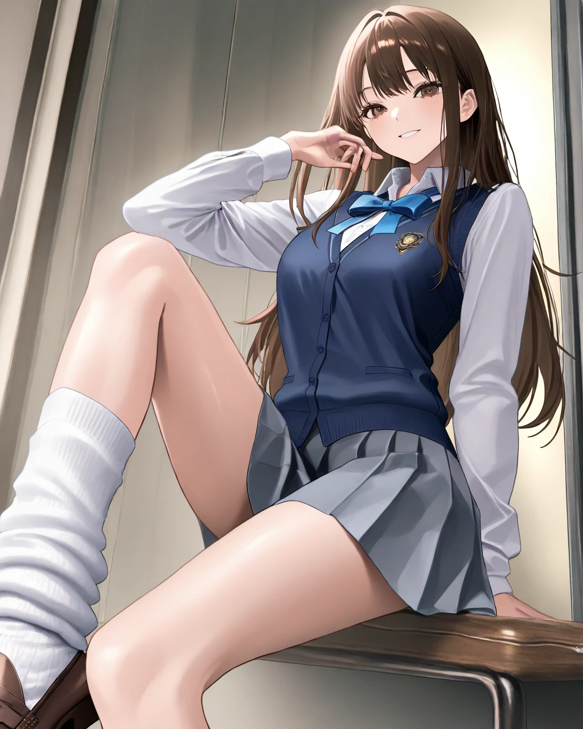 anime - style image of a woman in a school uniform, sitting on a desk, feet from below pose, bare feet, no socks, showing beautiful foot, beautiful anime catgirl, cute anime catgirl, Attractive cat girl, anime girl with cat ears, Very beautiful anime cat girl, anime catgirl, very beautiful cute catgirl, beautiful young catgirl, seductive anime girls, cat woman, anime moe art style,