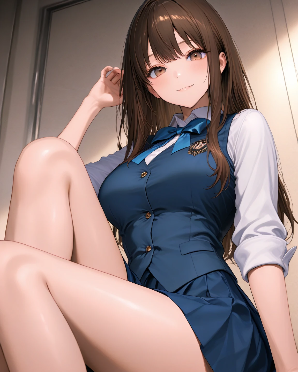 (masterpiece,Highest quality:1.3,best quality illustration,realistic),cowboy shot,1woman,20 year old Japanese beauty,(very small head:1.3),Long brown hair,bangs,brown eyes,gorgeous eyes,blush,smile,small breasts,(very long bod:1.3),(toned body,slender body,skinny,tan skin),(Navy uniform navy blue blazer jacket、White Shirt、Navy blue tie、Navy blue tight mini skirt),gleaming skin,shiny skin,sweat,standing,Naval Base、Tokyo、