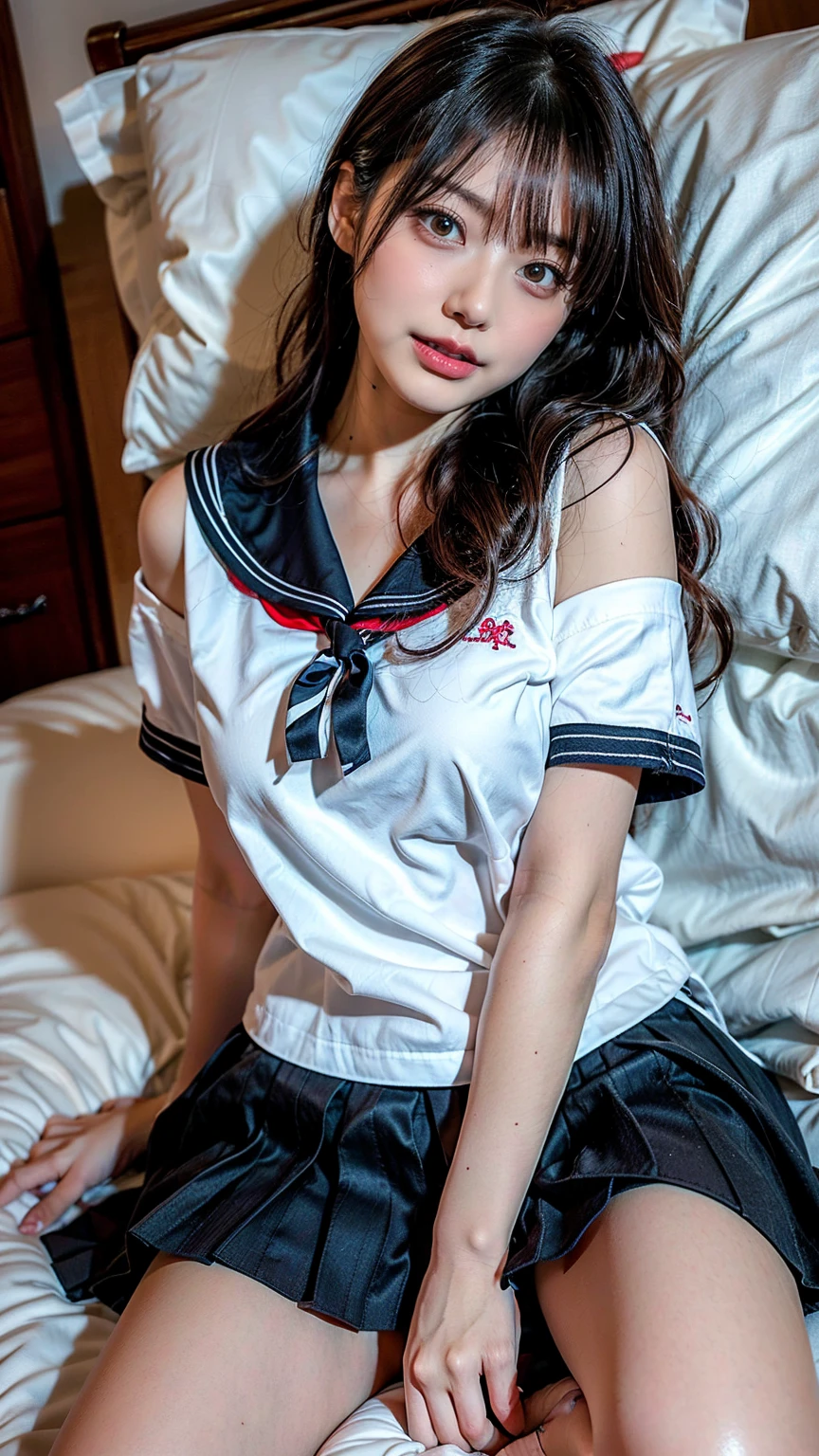 From above, Young girl, (Lying down), (Seifuku), (Black high socks), foot, (The whole body is visible), (Light Smile:0.8), 超High resolution, retina, Accurate, masterpiece, Anatomically correct, Textured skin, Super detailed, Awards, highest quality, High resolution, 8k, (Realistic:1.4)