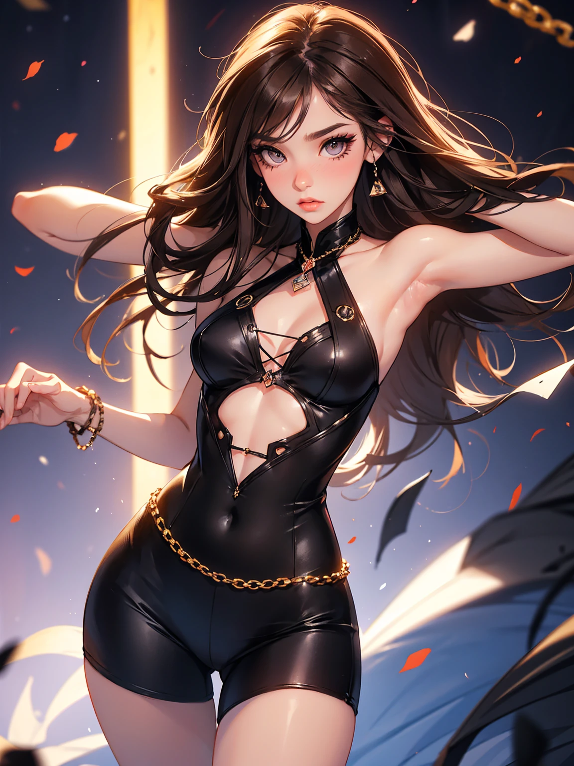 (highres, ultra detailed), masterpiece, best quality, a beautiful 25 years old woman in black leather outfit with gloves, cute, solo, long hair, brown hair, amber eye, glowing eye, athletic, glow effect, finely eye, detailed face, looking at viewer, black aura swirl, small breasts, fantasy garden with black flowers complex background, sun, rim light