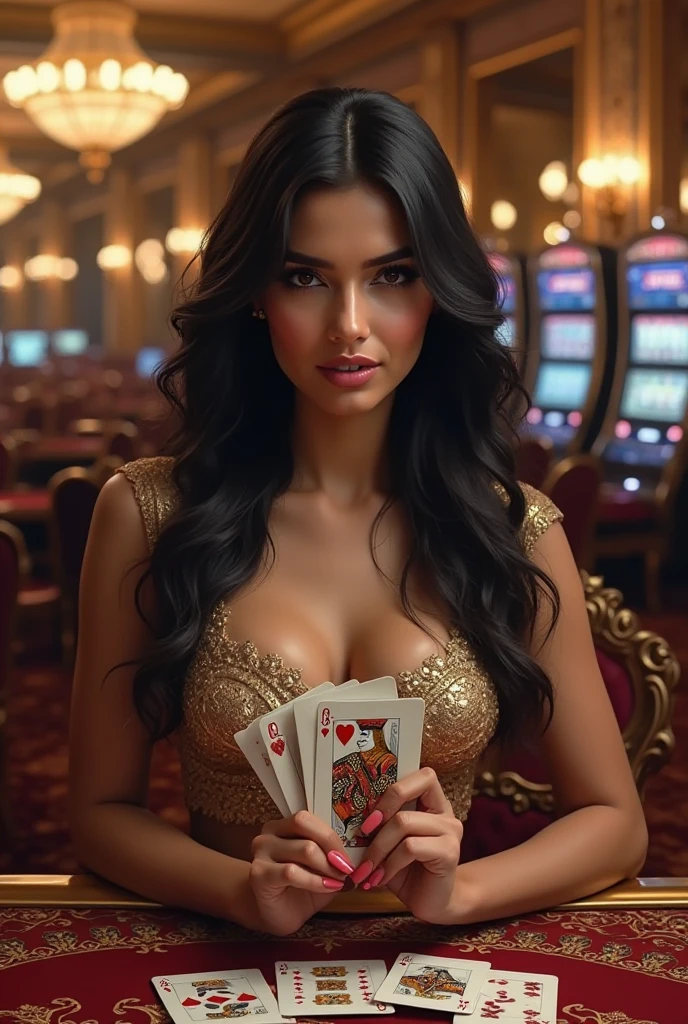 Smile,a piles of US dollar bills, beautiful woman, casino, gambling, luxury, gold, glamorous, opulent, high-end, dramatic lighting, cinematic, intricate details, photorealistic, 8k, hyper-detailed, masterpiece, award-winning art, dramatic contrast, rich color palette, chiaroscuro, volumetric lighting, cinematography, high production value