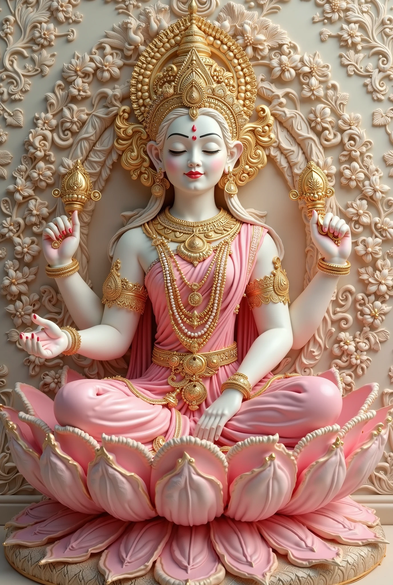1 white marble statue of goddess Saraswati with golden ornaments