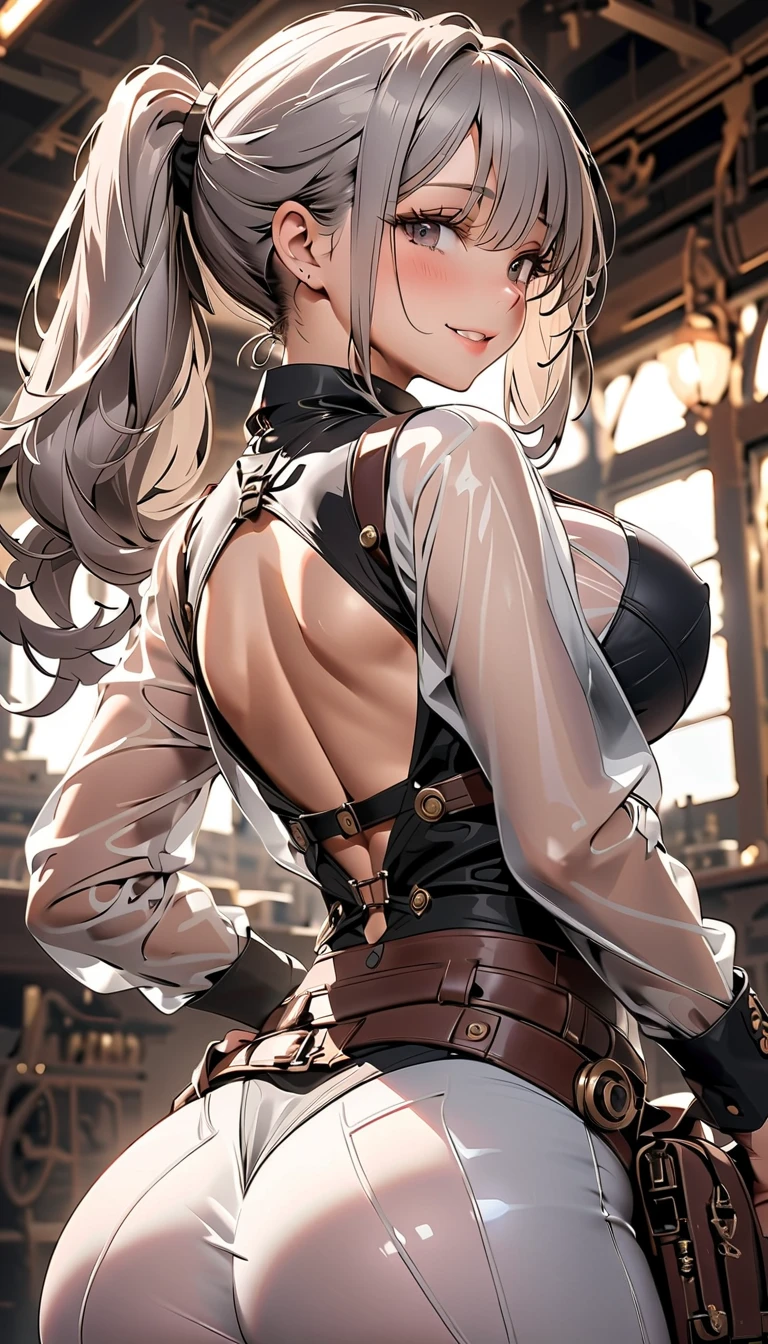 1female，35yo，plumw，extremely large bosom， 独奏，（Background with：Huge machinery，droid，aerodrome，Planes，Huge mechanical armor，） She has very short black hair，bobo head，Stand on the plane，，seen from the front， hair straight， mostly cloudy sky，（（（tmasterpiece），（Very detailed CG unity 8K wallpaper），best qualtiy，cinmatic lighting，detailed back ground，beatiful detailed eyes，Bright pupils，Blue eyes，Snow-whiteskin，Redlip（Very fine and beautiful），（Beautiful and detailed eye description），ultra - detailed，tmasterpiece，））facing at camera，A high resolution，ultra - detailed），revealing breasts，Bare genitalia，  Bulge，legs are open，Raised sexy，Camel toes，Flushed complexion，Desire for dissatisfaction，frontage，British Air Force，Aviator，Officer's cap（Wearing：blazer jacket，tailcoat，White color blouse，a black bowtie，Black pantyhose，Bare breasts）