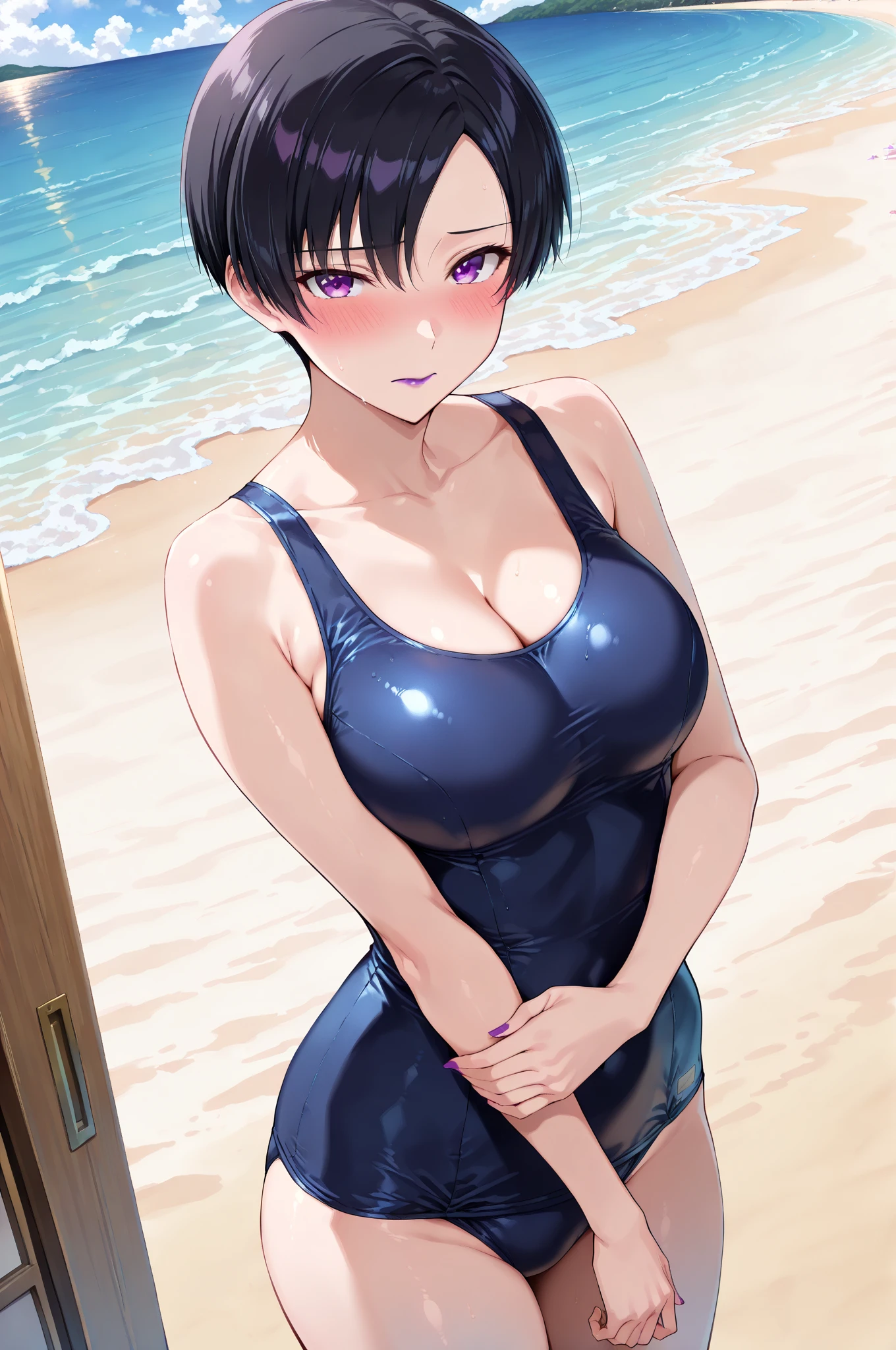 (gleaming skin:1.3), mature woman, milf, blush, A milf with black short hair, sky-blue eyes, wearing a one-piece swimsuit, breast,standing, (beach, rock wall, rock shade:1.3). arms behind back. oblique angle.