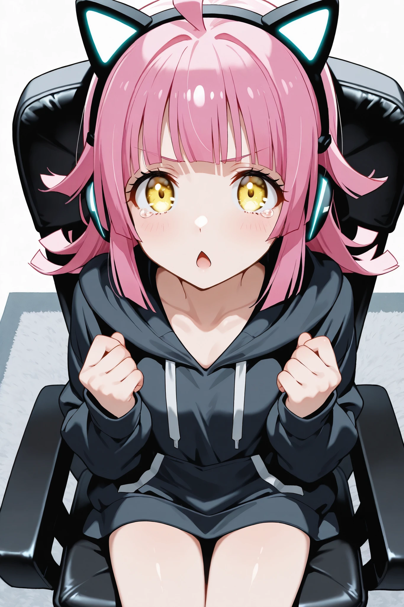 1girl,solo,Tennoji Rina,yellow eyes,pink hair,stupid hair,blunt bangs,medium hair,blunt ends,skinny,petites,cute,flat chest,chestnut mouth,expressionless,
wearing black hoodie,black cat ears headphone,white light headphone,
(ganbaruzoi:1.2),open mouth,tears,scowl,clenched hands,
sitting black chair,white room,gray carpet,
upper body,from above,
(top quality, Masterpiece:1.2),