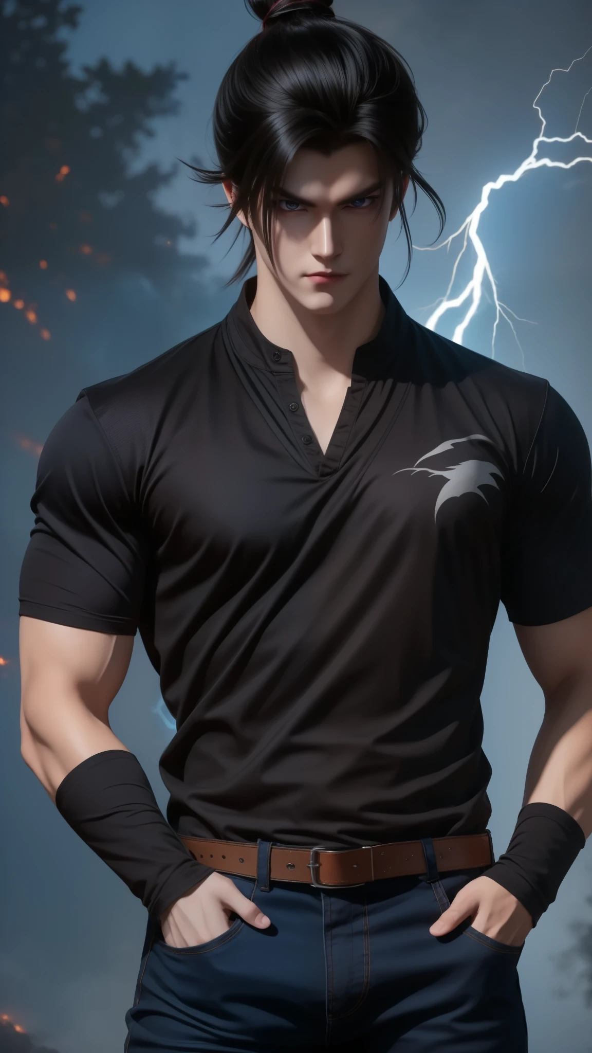 Create an ultra-detailed digital artwork of Sung Jin Woo from "Solo Leveling" in his casual outfit. He is wearing a simple black t-shirt and dark fitted jeans, standing confidently with hands in his pockets. His eyes glow with a faint violet light, and dark shadowy energy swirls subtly around him. Behind him, a massive shadow army looms—figures like Beru, Igris, and Tusk—shrouded in mist and darkness, with glowing blue and purple eyes. The background is an ominous battlefield with dark clouds and crackling purple lightning in the sky, adding a dramatic and powerful atmosphere. Shadows rise from the ground, blending seamlessly into his silhouette. The art style is dark fantasy, hyper-realistic anime, with dynamic lighting and strong contrast. Perfect for a desktop or mobile wallpaper in ultra HD resolution.