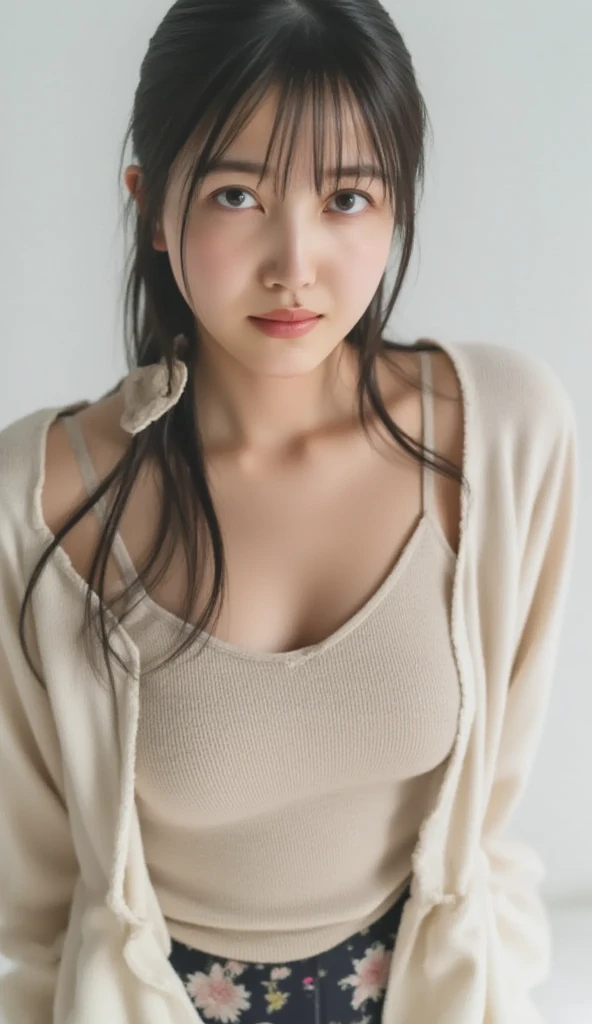 best quality, face focus, soft light, ultra high res, (photorealistic:1.4), RAW photo,
1japanese girl, solo, cute, (pupil, lights in the eyes),  detailed beautiful face, (small chest),(high resolution detail of human skin texture),
(long hair),
indoor,
Damask Shirt Dress,
(portrait), nsfw, sexy