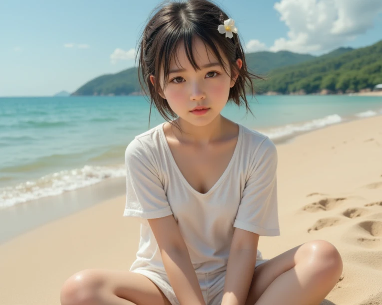 8k,Japanese,10 years old,innocent face,teenage girl,cute,summer clothes,everyday wear,sitting,black hair,sandy beach,coastline,hair clip,night view,starry sky