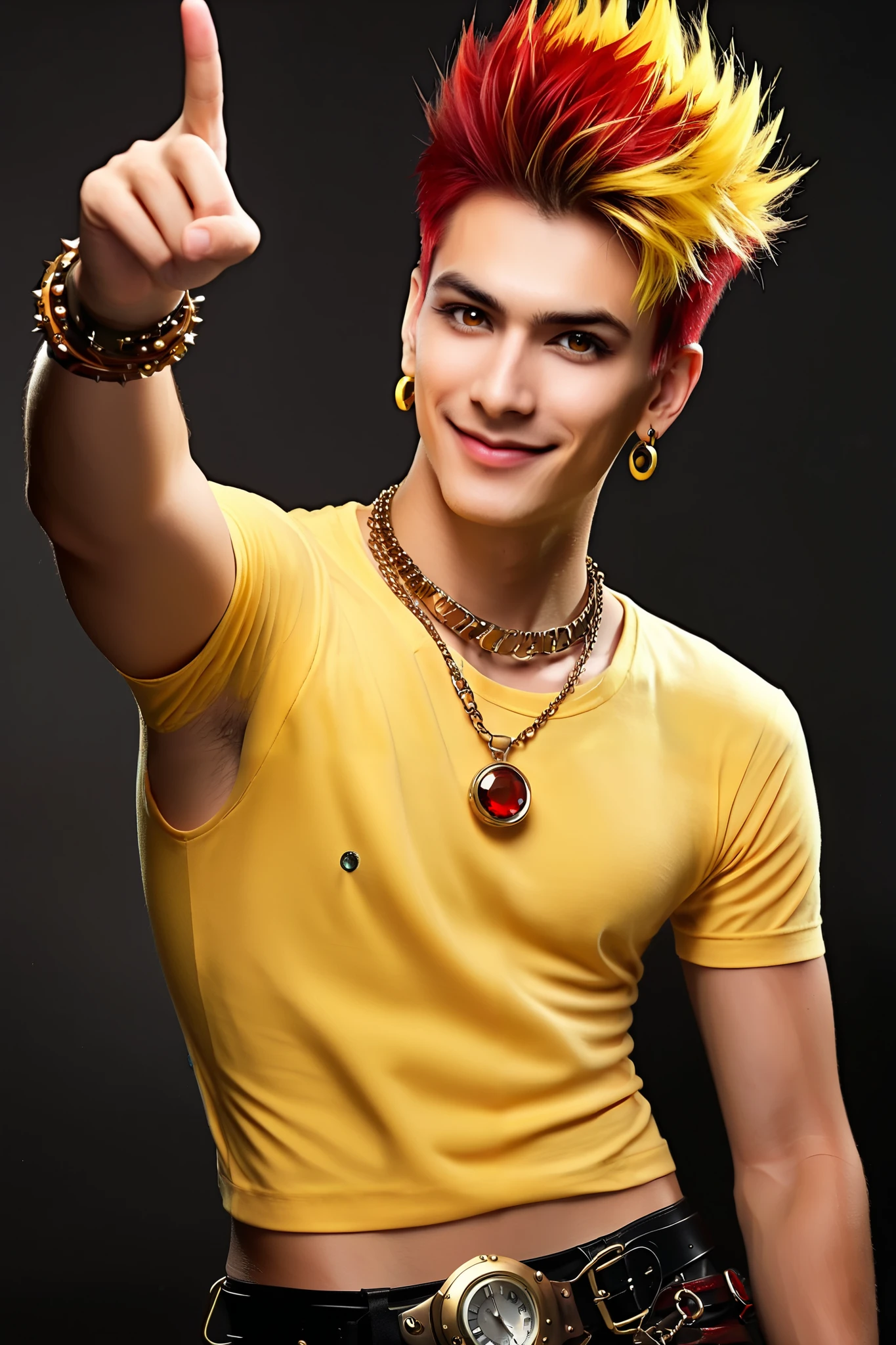 23 years old, sharp, big hanging eyes, spiked hair, men are top models((赤と黄の二色spiked hair))smile like an idol pointing one hand at the screen((Hang up and have big golden eyes))Point one hand at the viewer(steampunk fashion)luxurious red gemstone necklace、 gorgeous earrings、luxurious bangle、 look at viewer、putting one hand on your lower back、 raise one hand、from above、Smooth silky skin、cool supermodel、 angle above the knee 、