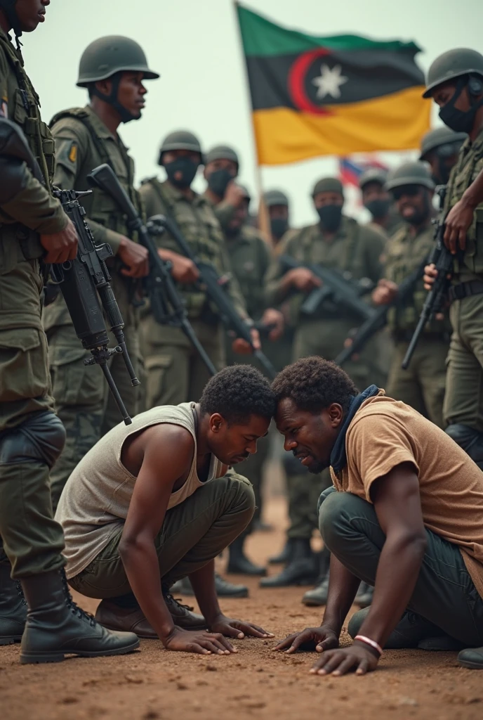 A powerful, emotional image capturing the aftermath of a violent attack in a Nigerian village, with elements highlighting the presence of security forces and the community's reaction. The scene should convey urgency, resilience, and the call for immediate action to ensure safety and security.