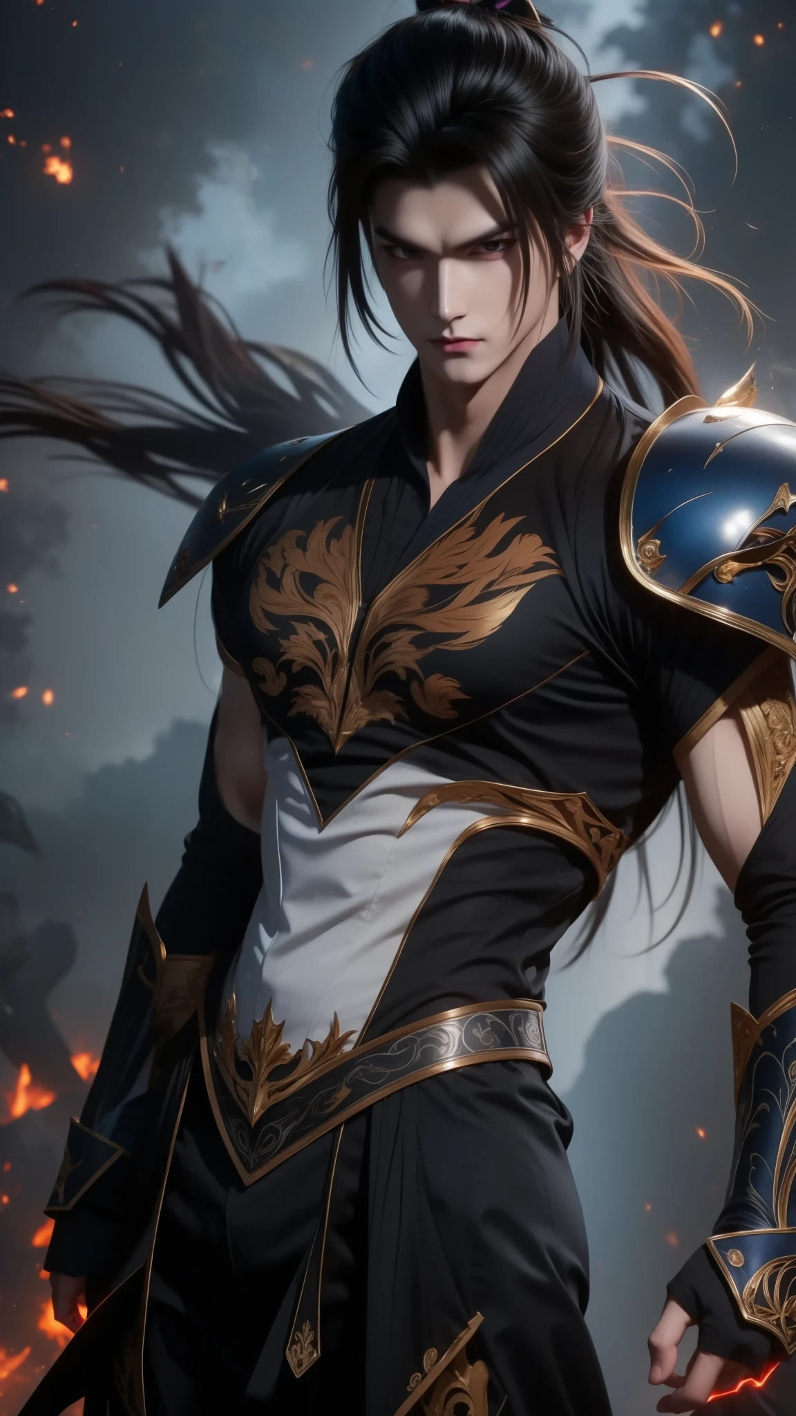 Create an ultra high-definition digital artwork of Sung Jin Woo from "Solo Leveling". He has short, messy black hair and sharp, glowing violet eyes. He wears an intricate, sleek armor forged entirely from living shadows, which moves and flows subtly over his body like smoke or dark energy. The armor is black with dark purple highlights and glowing runes etched across the surface. His figure is powerful and commanding, standing tall at the center of the composition.
Behind him, a massive shadow army looms, including legendary shadow soldiers like Beru, Igris, and Tusk. Their eyes glow faintly in the darkness, surrounded by swirling mist and shadow energy. The sky is dark and stormy, with purple lightning streaking across the clouds. Black feathers and shadow particles float around Sung Jin Woo, adding to the mystical and intimidating atmosphere.
The overall tone is dark fantasy, with highly detailed textures, dynamic lighting, and a dramatic, epic feel. Perfect for a desktop or mobile wallpaper in ultra HD resolution.
