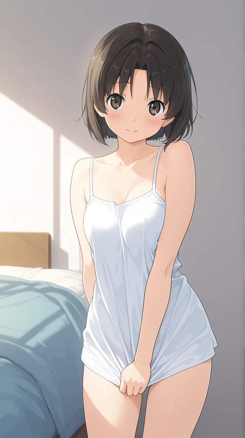 1.Woman, completely naked, mischievous smile, front view, focus on face, small breasts, short hair, completely naked, black hair, standing, naked, sitting, hot spring, spreading out bath towel