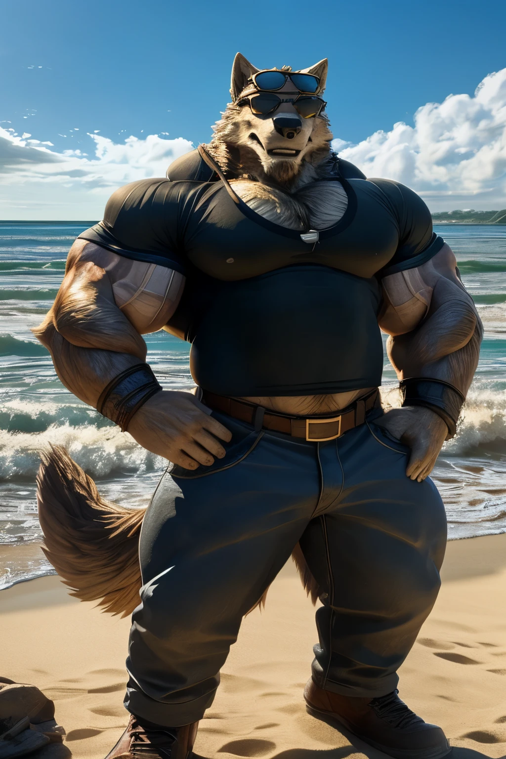 Bergamo,werewolf, male, adult, alone, 4k ,Best Quality, whole body, looking at the audience, hairy body, naked, unclothed, bushy tail, prominent pectorals, Music del pecho with nipples,pink nipples ,strong abs, bíceps, Bent biceps, anatomically correct, delicate fur ,pride, soft shadow ,majestic, detailed face, high quality eyes ,gold eyes, black pupils, sharp eyes,Confident smile, strong, maduro, uncut penis, playa, Blue sky and white clouds, sunlight