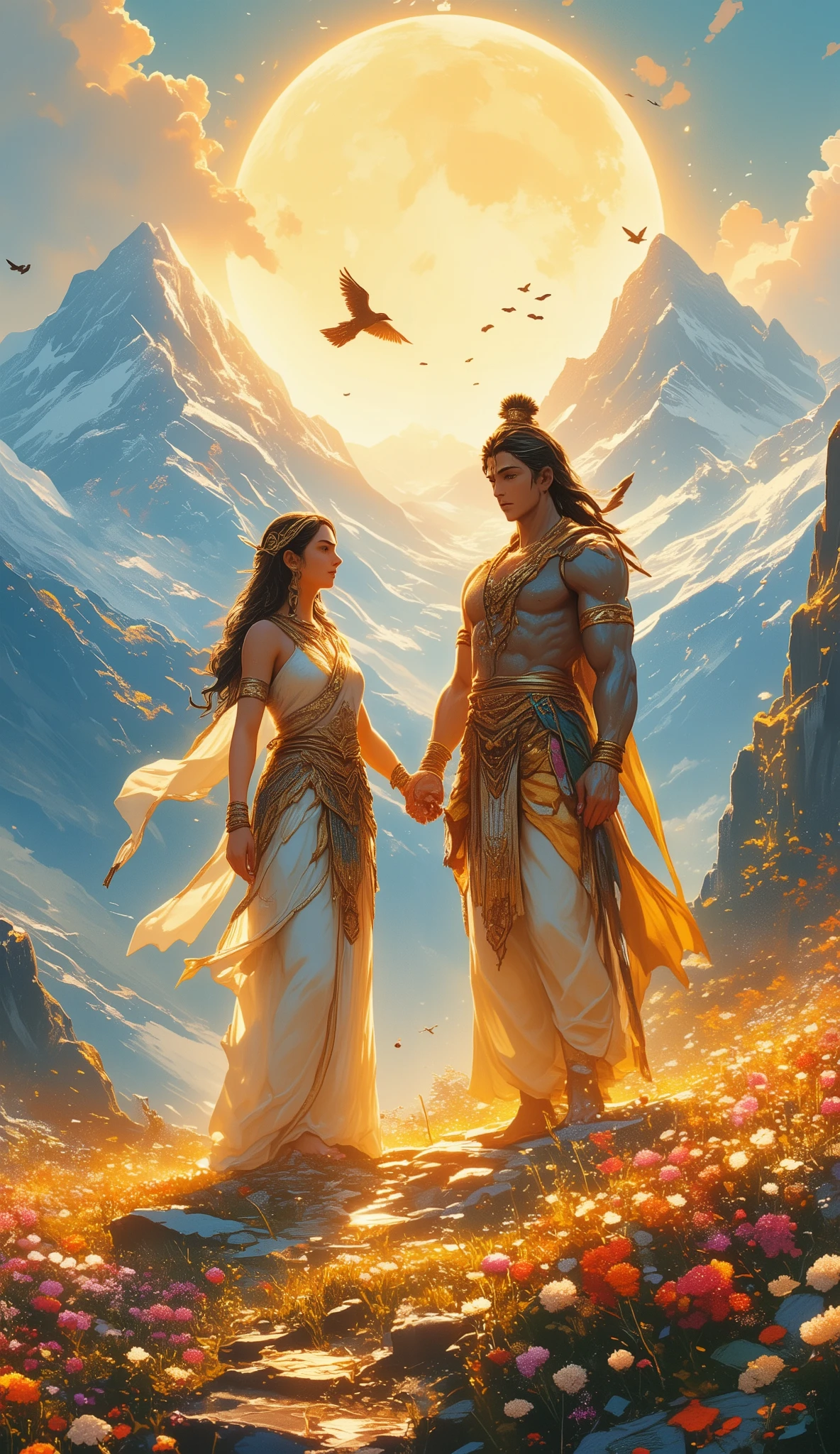 bhagrwan ram and sita stand together in mountain surrounded by colourful flowers and so many crows in sky