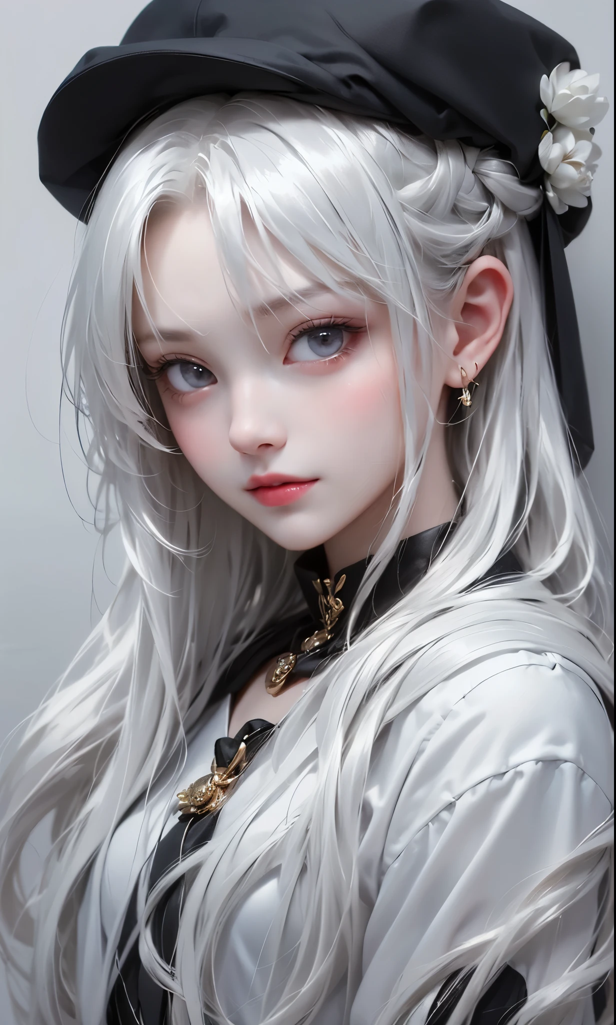 black and white color scheme, sexy girl , , small,Silvery Curly Hair、portrait、