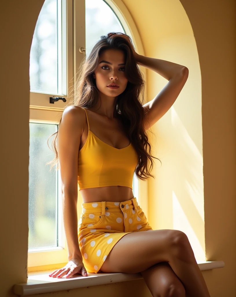 Beautiful sensual 45-year-old brunette woman, long curly black hair, sexy pose, perfect round butt, beautiful big tits inside a yellow blouse, slim waist, full body photo, perfect sexy body, wearing a tiny white mini skirt, realistic details, beautiful, radiant, colorful environment, photorealistic, vibrant colors