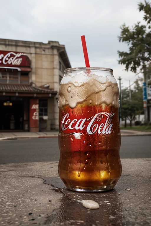 A glass Coca Cola with a doll tied to it