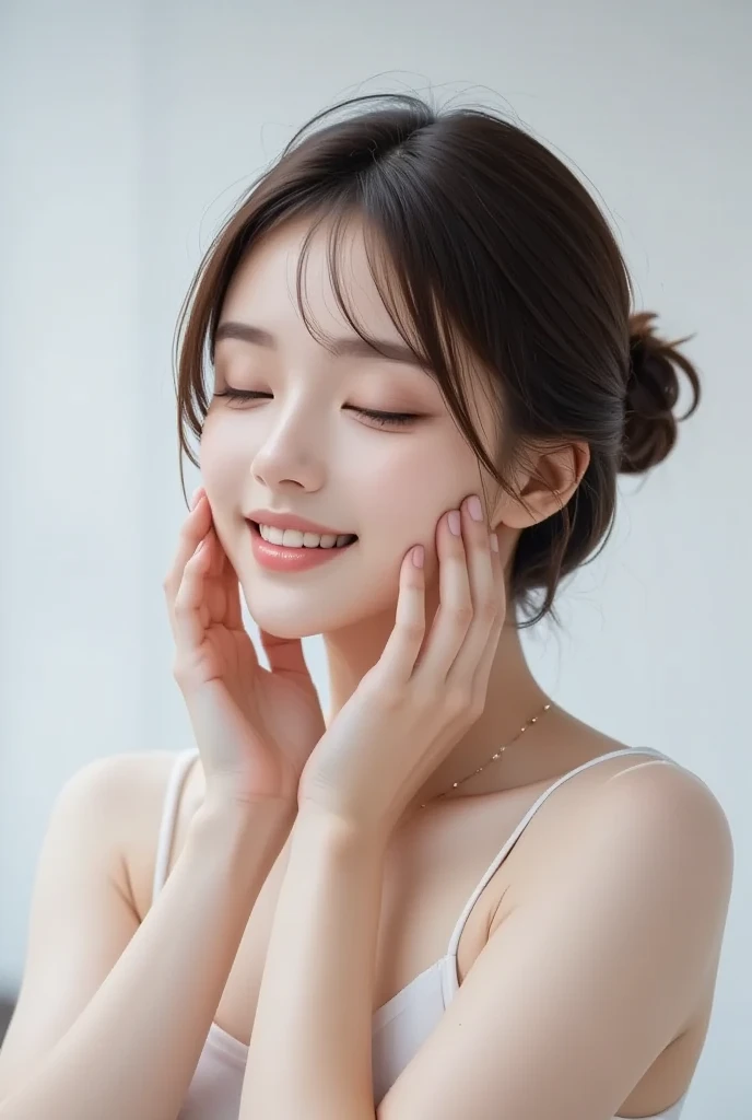 Young beautiful Japanese woman in her 20s putting her hands on her ...