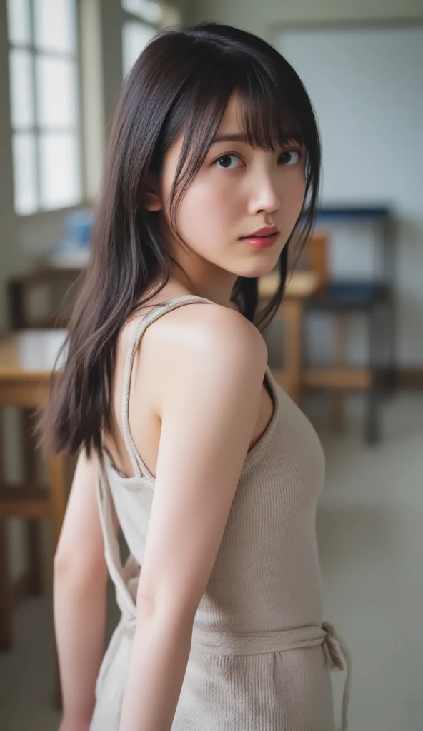 (best quality:1.4),(masterpiece:1.4),(photorealistic:1.4),(Realistic:1.2),(ultra high res, raw photo:1.4),(hdr, hyperdetailed:1.2),(8K:1.2),cinematic photo,photo of black hair,1girl,solo,wearing ,((Japanese classroom))、((Upper Body:1.3))