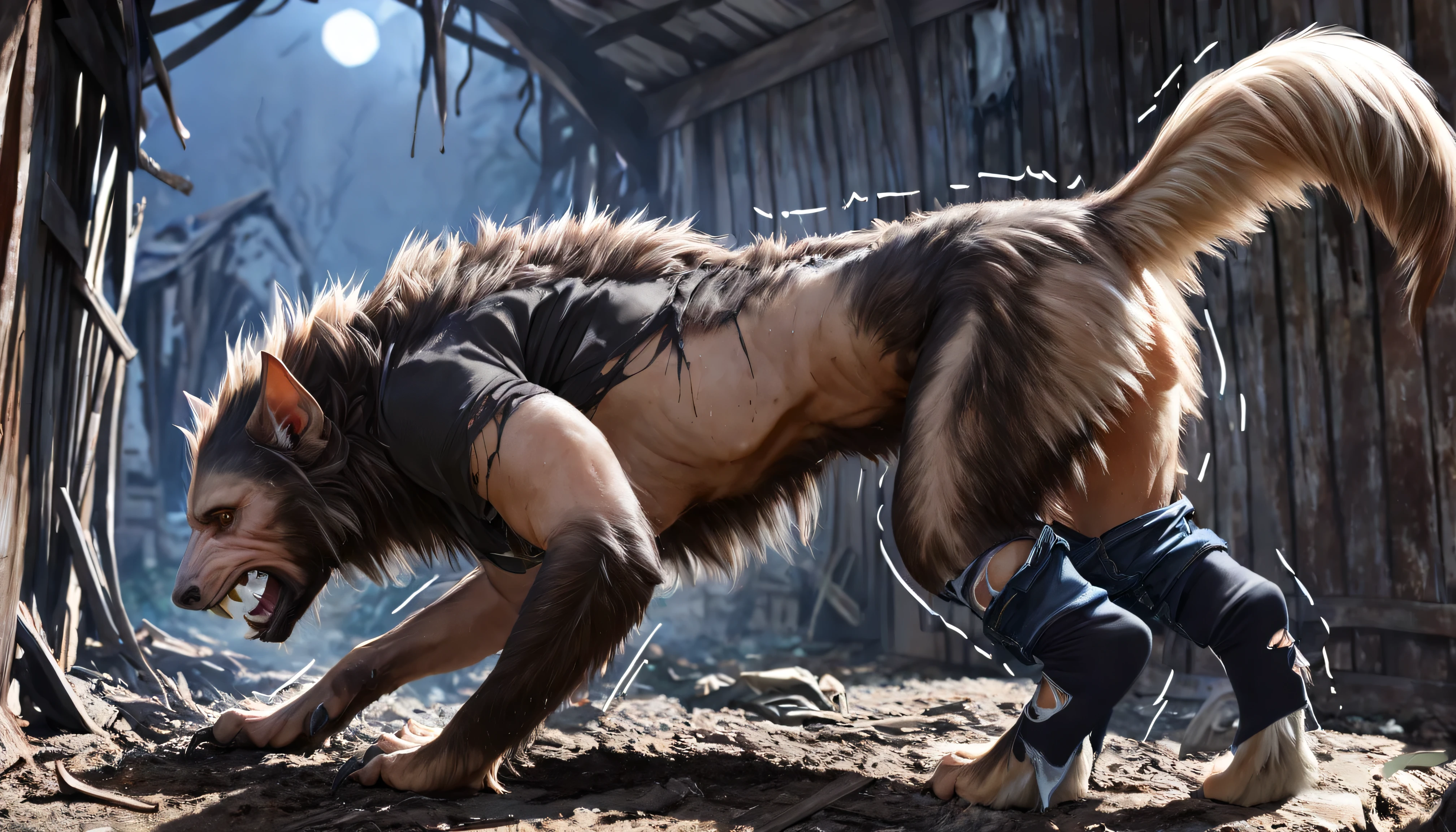 Back side, photo from behind, skin,  human, werewolf transformation,  Morphing ,   human, [werewolf:  human:0.7], [weapon: paws:0.7], [ human skin: wool: 0.5], detailed wool, gradual wool, spread, it crashes:1.1,  cries, perspiration, in pain:0.8,  frightened :0.8, it crashes, embarrassed:0.8, torn clothing:1.1,  fat fingers through , Torn socks, deep Night, ((darkness,  Dramatic moonlight , Night)), abandoned hut, scraps of brown fur with trim ,  Scraps of clothing  ,((super detailed, realistic, фотоrealistic, фотоrealistic:1.37), 4K, 8 k, raw, HDR, contract, Canon EOS P3, CANON EOS R3, 85мм f/1.4, 15mm, 35mm, 80mm, f2.8, High definition, HD, full color, 4K, High definition,  three-point lighting , sharp focus, smooth, professional, cinematic, extreme detail, (High detail:1.4)  Business, Masterpiece,  deep shades , better quality,))