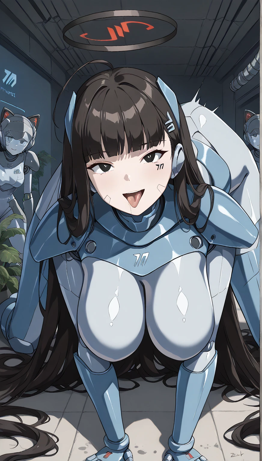 Robot girl with humanoid form, naked and her divisions are visible and she is sticking her tongue out, swollen breasts, breast tips facing outwards and touching them with your hands, standing on tiptoes and kneeling, huge butt that looks wider than the thighs and full body and there is a machine injecting the information from the head with a needle, and she is moaning with emotion, bigger butt, open breasts where milk is extracted, with human skin and mechanical parts, machine that extracts milk from the breasts, legs more stretched and milk flowing , sticking out his tongue and opening his mouth and with his eyes up, mechanical rear, machine sucking milk next to her, Naked human woman hugging her and she has a penis, sacando su sexualidad a su máximo resplandor, en el campo de batalla, pechos enormes como 1 metro y tan pesadas que tiene que sostenerlas con las manos demasiados enormes, muslos más gruesos y más músculos, pechos más enormes e inflados , más enormes e inflados de leche, y exitadas, sonrojadas y tocándose los pechos, más seductora su cuerpo muchos más seductora
