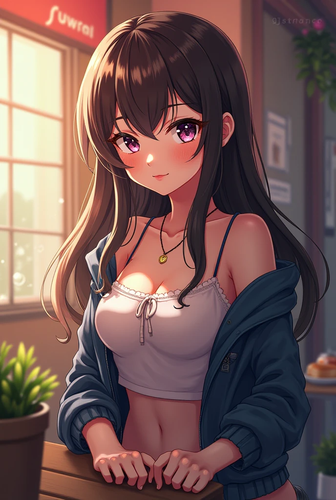 masterpiece, best quality, highres, hs1, light purple eyes, wide hips, thick thighs, long sleeve shirt, midriff, light brown hair, cleavage, long hair, half updo, asymmetrical bangs, streaky hair, pink shirt, black thighhighs, micro skirt, legs apart, khaki skirt, hair clips, (huge breasts), hair ribbons, indoors, cowboy shot, panties, from below, smile, looking at viewer, thick thighs, jirai kei, window, plant, headphones, (succubus horns), necklaces, ear piercings, bracelets