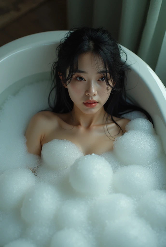 A woman in her 20s is in a bathtub. The bathtub is full of white soap bubbles. The woman has long hair and big eyes. The face is small and has a very round face shape. The nose is clearly big and thick, and the mouth is large and thick. The height of the water is locked up to her neck. Women are Asian women.