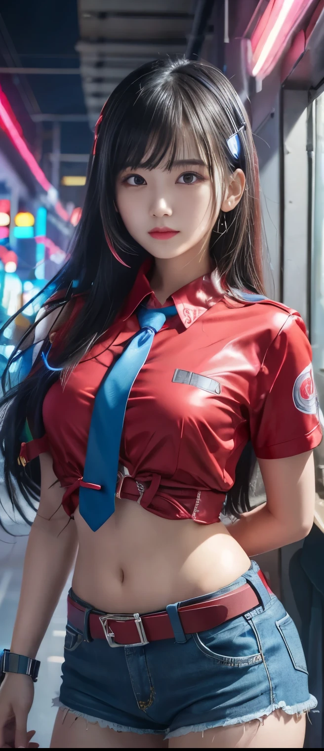 Flashy Cyberpunk Idol Girl、A pure girl's face、 hypo、 red shorts 、blue shirt with tie、Cyber Belt、Colourful lights that are emitting