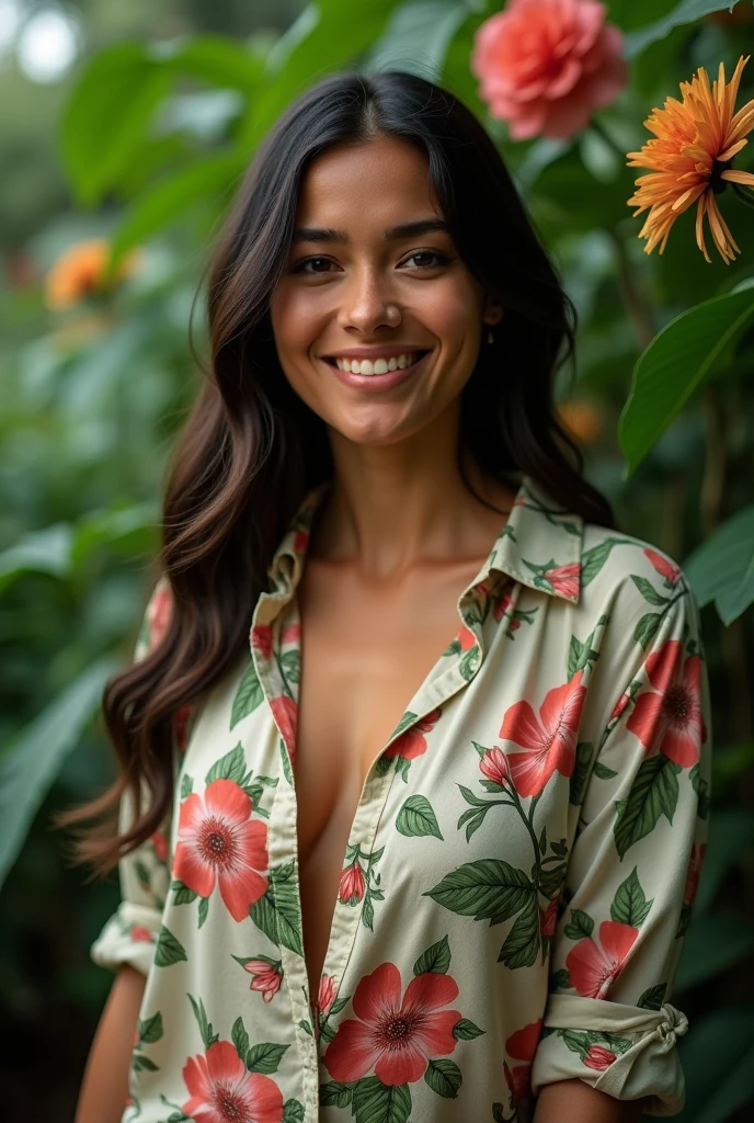 A Brazilian woman in a lush tropical garden, wearing an open shirt with a floral print, with a close-up capturing the harmonious beauty as she lathers herself with a vegetable loofah, Luffa cylindrica, showing off your natural charm and outgoing personality.