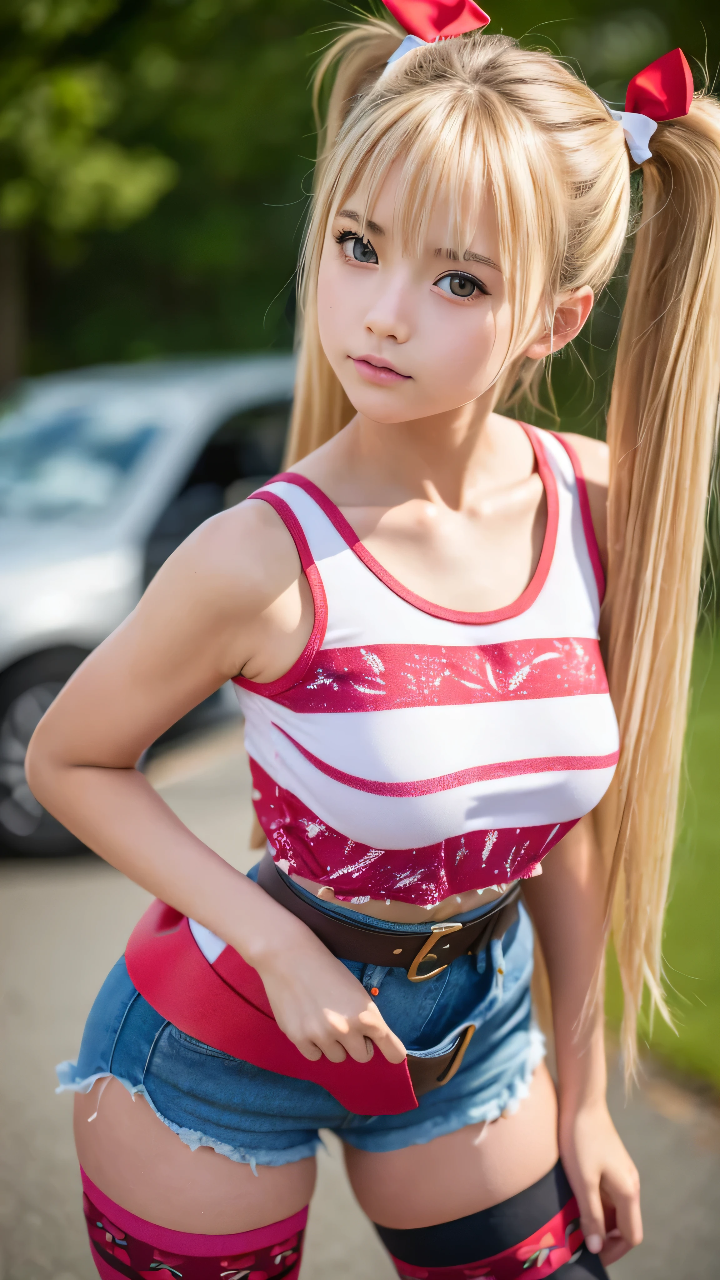"(Best Quality,High resolution,Ultra-realistic:1.2),Detailed Focus,Realistic,Delicate art,full body, akizuki airi, 1girl white, 21yo, skinny, blonde hair, very long hair, twintails, blonde, red ribbon, blue eyes, ,akizuki airi, big_breasts, ((white tank top, red print tank top, red print,, collarbone, ))Put your hands on your chest, ((red belt,denim shorts,shorts rolled up,zettai ryouiki,two-tone thighhighs,pink thighhighs,black thighhighs,striped thighhighs,)) full body, sensual expression, innocent and sexy face, beautifully seductive and embarrassed, passionate expression, flirting with the viewer,