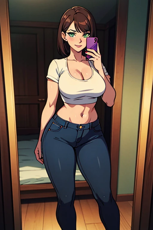 vector image, 2d cartoon,masterpiece, An anime woman, blush,colored hair, provocative makeup,tight bootcut jeans, heels, leather dark jacket, crop-top, taking disgraced selfie:1.3, in restroom,