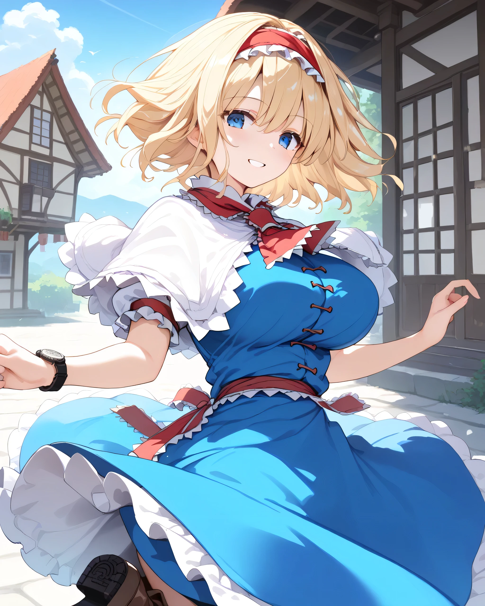 score_9, score_8_up, score_7_up, BREAK
Source _anime, Best Quality, masterpiece, rating_explicit, uncorrected, Break
1 Girl Break
Alice Ng, Alice Margatroyd, medium hair, blonde hair, blue eyes, ,red Hairband, Hairband, frilled Hairband,
white capelets, blue dress, Frilled Dress, ruffled ascot, red ascot, puffed short sleeve, brown footwear, cross lace footwear, boots,
Big Breasts, smile, , watch viewers,
(Dutch angle:0.2),
Straight ahead,
close-up,
(rear view:0.6), look back,
outside, Japanese Village,people々,
,wind, floating hair,