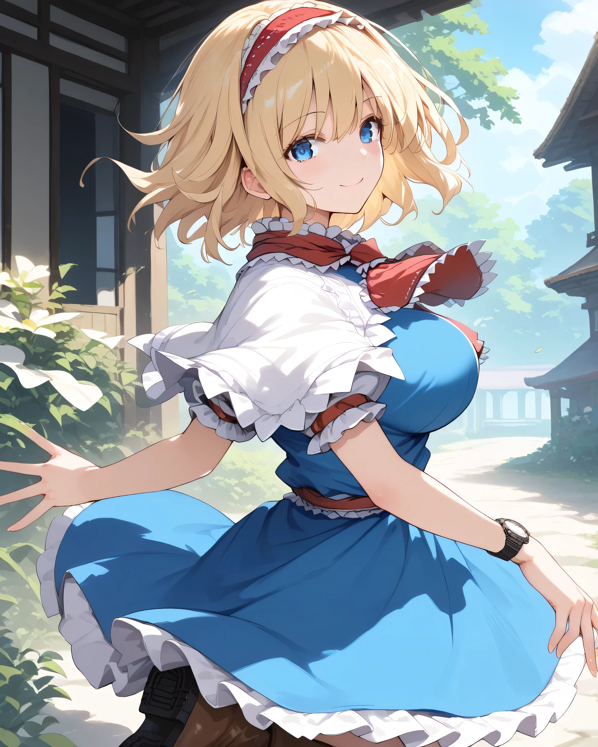 score_9, score_8_up, score_7_up, BREAK
Source _anime, Best Quality, masterpiece, rating_explicit, uncorrected, Break
1 Girl Break
Alice Ng, Alice Margatroyd, medium hair, blonde hair, blue eyes, ,red Hairband, Hairband, frilled Hairband,
white capelets, blue dress, Frilled Dress, ruffled ascot, red ascot, puffed short sleeve, brown footwear, cross lace footwear, boots,
Big Breasts, smile, , watch viewers,
(Dutch angle:0.2),
Straight ahead,
close-up,
(rear view:0.6), look back,
outside, Japanese Village,people々,
,wind, floating hair,