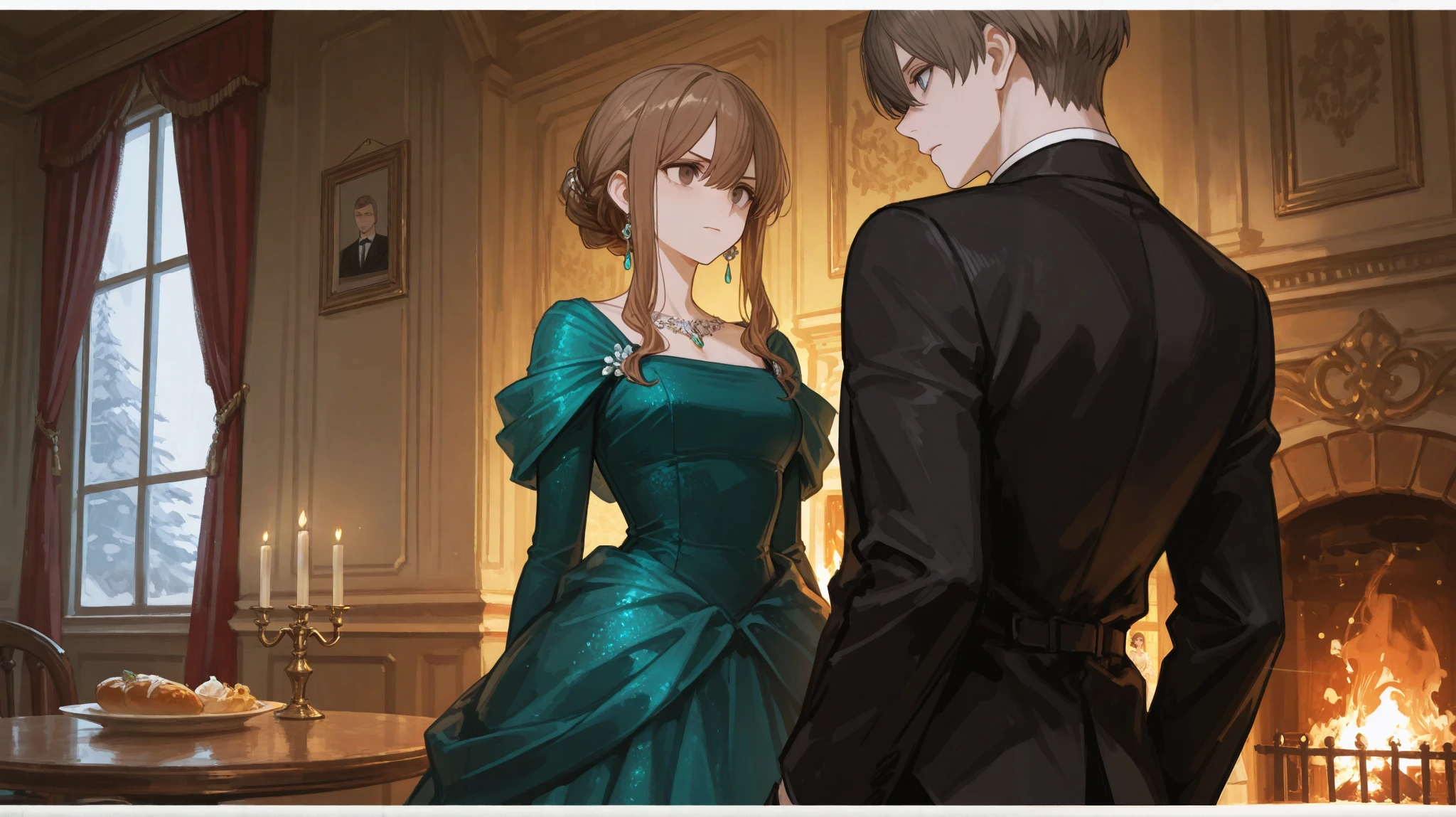 A grand dining hall with towering windows and a long mahogany table, untouched by the tense confrontation taking place. Mrs. Lockhart stands near the fireplace, poised with cold authority in an emerald silk gown. Her sharp blue eyes are filled with disapproval as she stares down her son.
Mr. Lockhart stands tall, his black suit immaculate, his gray eyes unwavering despite the pressure. His posture is rigid, a silent act of defiance against the woman who has controlled his life for so long.
Beside him, Emma remains composed, her deep brown eyes steady. She wears an elegant but modest dress, her chestnut brown hair neatly styled. Though she is the outsider in this battle, she refuses to back down.
The room is heavy with unspoken tension, a quiet war being fought with glances and unyielding stances.