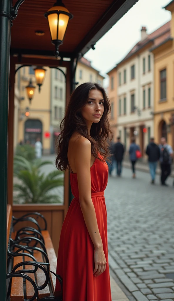 A flow of vision of a beautiful woman walking down a street, vestido blanco transparente iluminados por el sol, Un coche rojo pasando en el fondo, y un mundo de luz brillante.