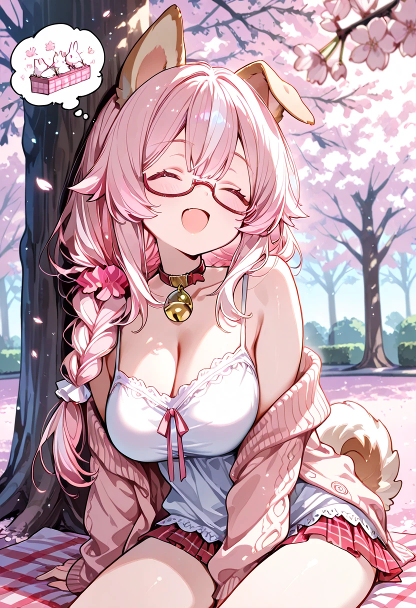 IMVU, pink hair, pink heart eyes, white round glasses, pale skin, white and pink cow ears, white horns with pink bows, fuzzy white jacket with pink spots, pink cowbell choker, kawaii, soft, high quality, masterpiece, 8k