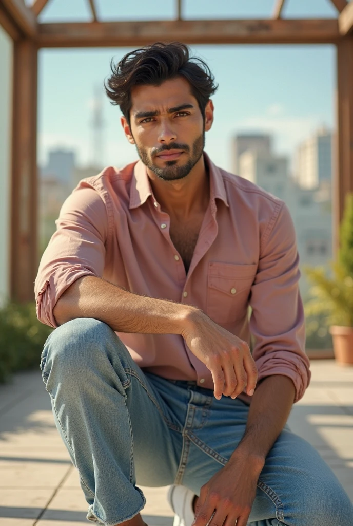 Two Thin hairy chest handsome moustache Turkish guy naked sunny day brown beautiful eyes short black curly hair happy garden shorts