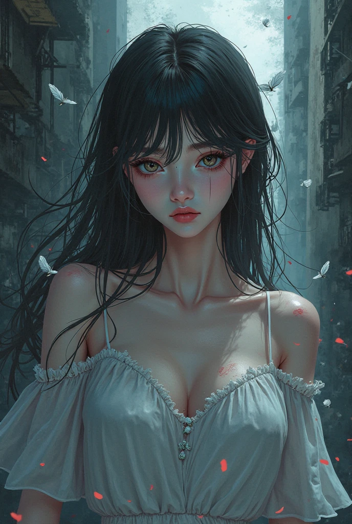 Kaori, Single model, solo, half Asian, half Latino, very long straight black hair, high ponytail, freckles, blushing, wet eyes, long chain pendant, very large heavy breasts, chubby, belly, stretchmarks, (best quality,4k,8k,highres,masterpiece:1.2),ultra-detailed,(realistic,photorealistic,photo-realistic:1.37),detailed portrait, cinematic lighting, natural skin texture, intricate details, dramatic colors, moody atmosphere, heavy eye shadow, mascara, linen shirt, nude underneath