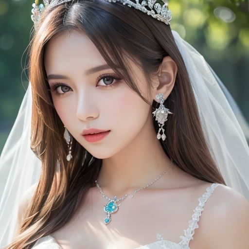 Top-quality Realistic, Official art, Highly detailed CG Unity 8k wallpaper,(masterpiece:1.3), (8k, photorealistic, RAW photo, best quality: 1.4), (1 girl), pretty face, (realistic face), (black hair, medium hair:1.3), beautiful hairstyle, realistic eyes, detailed fine eyes, (realistic skin), beautiful skin, (breasted top), absurd, attractive, super detailed resolution, surreal golden ratio, very detailed, upper body, Japanese Idol,(Floral lace Wedding dress:1.3),BREAK,(Heart shaped necklace),(Triangle ornament earrings),BREAK, (gentle smile like a goddess),(in church surrounded by a majestic baroque atmosphere:1.2),standing position, Hold a large bouquet in front of your chest, Wide View, (close-up)
