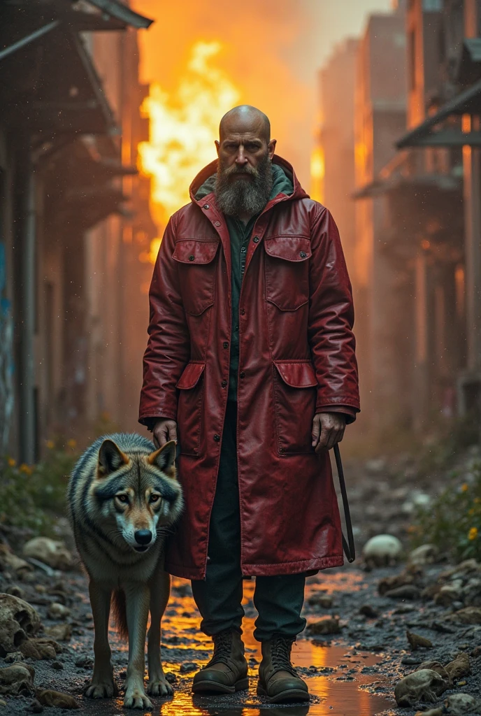 Cloak yellow leather raincoat crouching Bearded mountain man, bald, with green, kind eyes, expressing the sentiment of being a stranger in his own town, accompanied by a loyal gray wolf, exploring the war-torn ruins of an old city, evoking sadness and the end of civilization, sunset casting dramatic lighting on the burning buildings behind, rats scurrying around puddles, graffiti-adorned walls, broken bottles, and strewn papers, a solitary skull visible on the ground, 3D effect ultra-detailed intricate insanely full HD, golden ratio, volumetric modeling, spotlight embroidery, accents, intense gaze, digital painting cinematic film light, the saddest night,