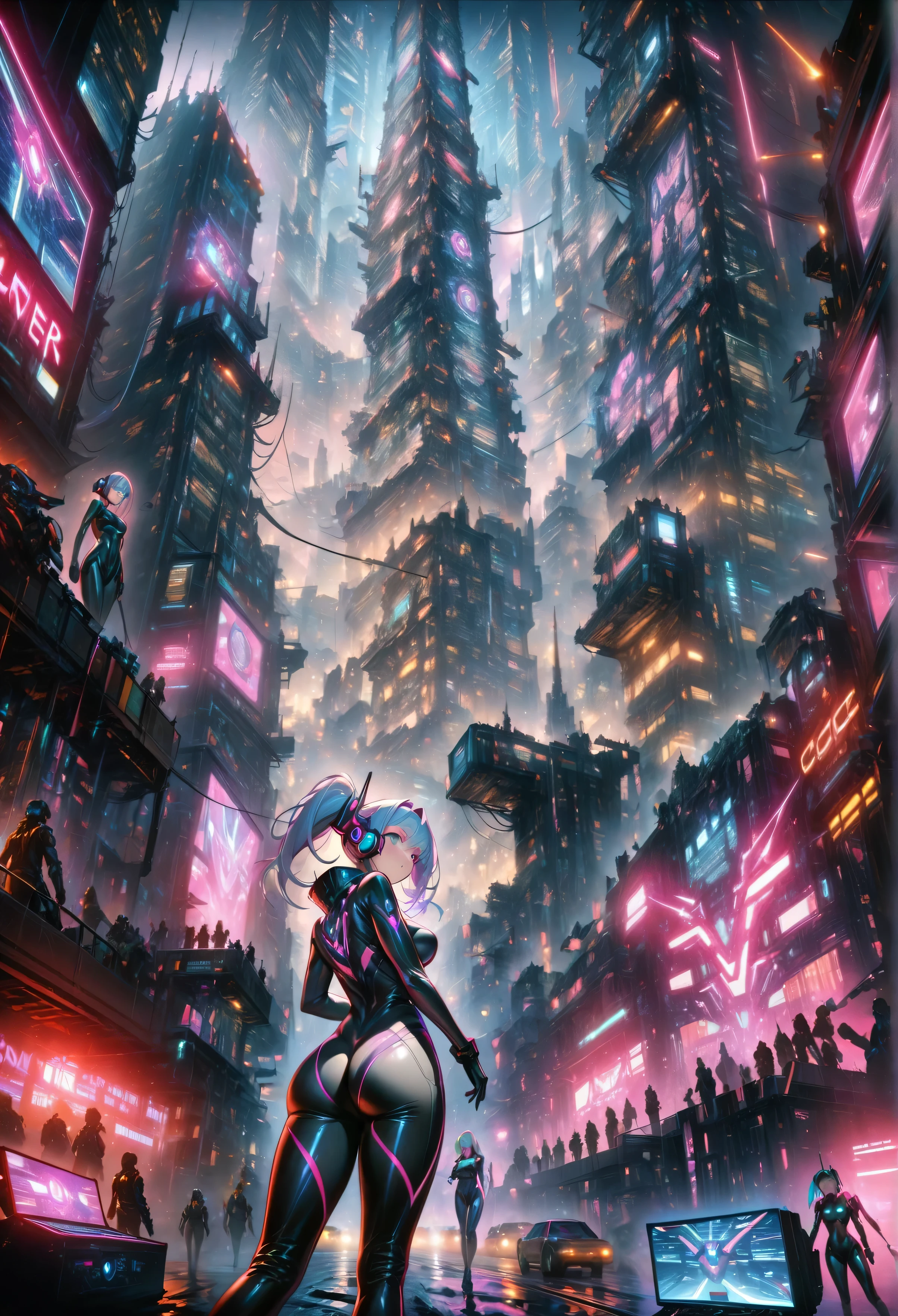 masterpiece , high resolution , sf , Macross F , monitor , Tower , City , future , congestion , Dazzling , look up , cyber punk , street vision, android women, skin tight, bodysuit,