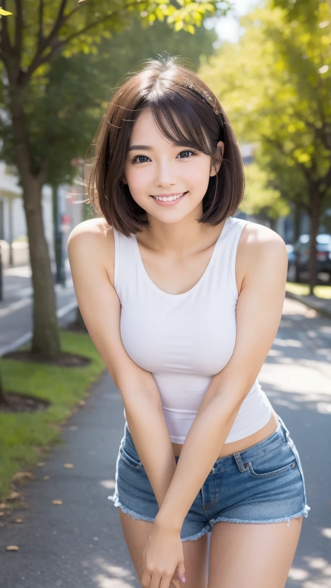 highest quality, masterpiece, ultra high resolution, (realistic:1.4), 20-year-old,1 girl,super high quality,8K,thin waist,thin legs,薄い and beautiful arms,beautiful fingers,((Super realistic image quality)),(no makeup),(light makeup),Medium chest,soft chest,(((Thin, short, tight camisole))、((Damaged jeans))),The camisole is short、 ,,beautiful breasts,((straight hair to shoulders)),((Bangs short hair)),realistic,picture media chest)),((toothy smile)),((big smile))、No bra、The presence of nipples is visible