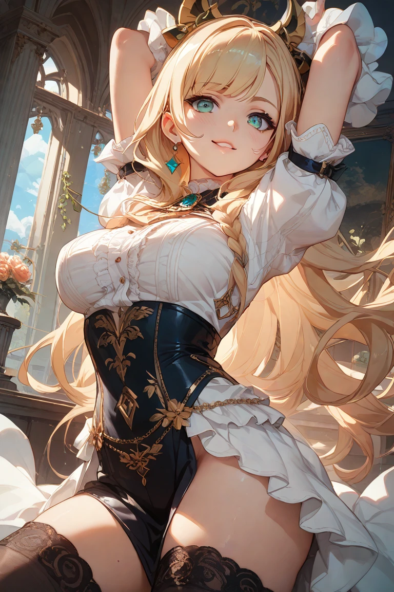 masterpiece, Highest quality, Highest quality, Official Art, beautifully、aesthetic:1.2), (1 girl), Very detailed,(Fractal Art:1.3),colorful,Most detailed,Blonde long hair,blue eyes,Moonlit Night,Rose,(Big Breasts:1.4),,Nipples,corset,Fine Jewelry,whole body