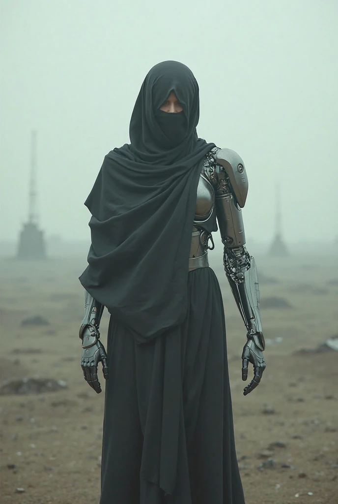A girl wearing hijab . Innocent face. Long leg. Wearing full body black latex suit and silver body armor. High quality. High resolution