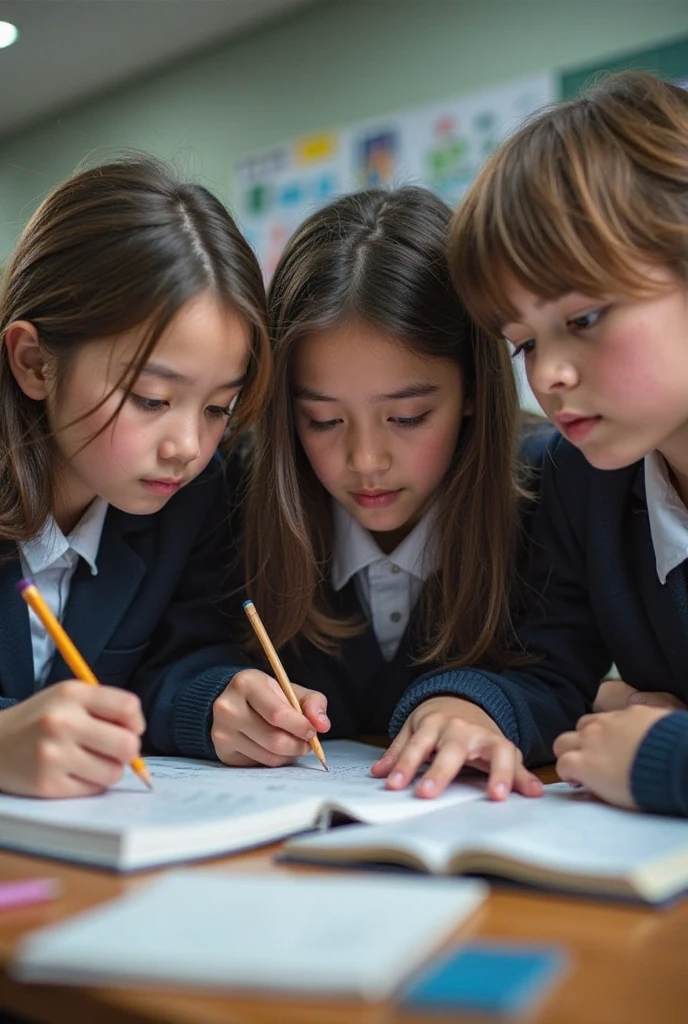 Girls, blue pinafore, study, Asia, classroom