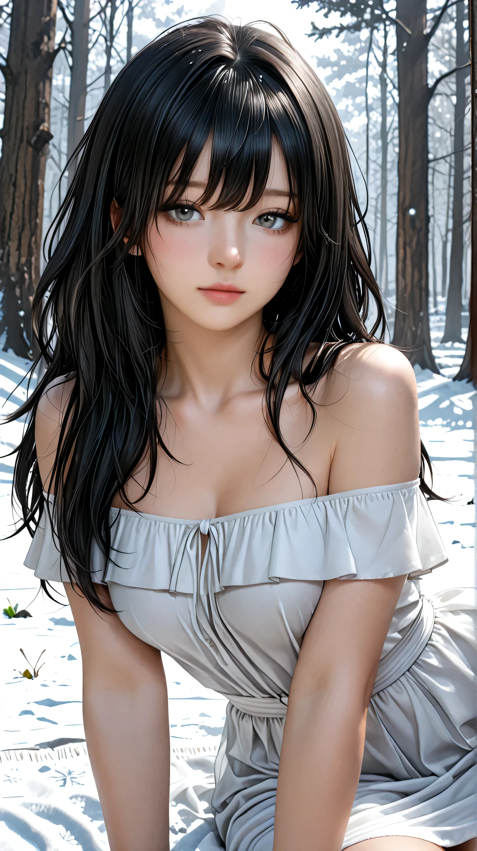 Masterpiece, Best Quality, Top Quality, Very Detailed, Beautiful anime girl with short black hair and soft gray eyes, lying gracefully on the snow-covered ground. She is wearing an off-shoulder white dress with flowing fabric that blends with the snow around her. Snowflakes gently fall around her, adding a serene, peaceful atmosphere. Her gaze is soft and captivating, framed by slightly messy hair strands. The background shows a blurred forest covered in snow, creating a cold but tranquil winter setting. High level of detail, realistic lighting and shading, focus on the girl's gentle expression and texture of the snow.