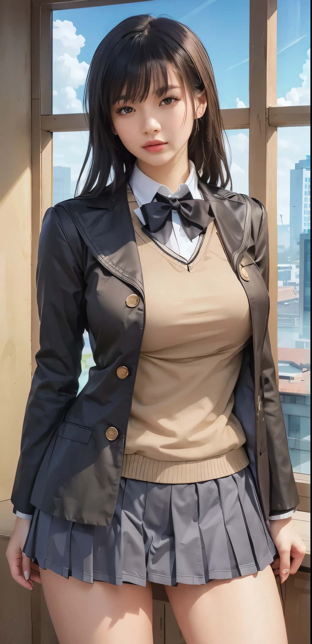 ((Highest quality, 8k, masterpiece :1.3)), ((masterpiece, Highest quality, High resolution, Very detailed),(beautifully、審美的にbeautiful:1.2), 1 female, Adult, Large Breasts,Perfect body, Wavy black hair, Green Eyes, Tie your hair back、彼女はbeautifulポニーテールをしている, Detailed eyes and face ,Space Detective Annie、Brown mini skirt、Panty shot、Brown vest、Clothes、Ultra mini skirt、beautiful 、beautiful thighs、Highest quality,very detailed 顔,そしててもbeautiful目 そして 顔,Perfect hands, Perfect Anatomy